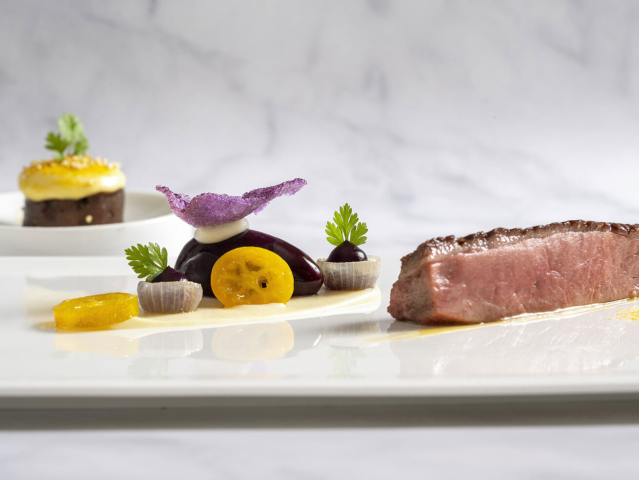 Wildente Wildente kunstvoll angerichtet mit feinen Beilagen und Sauce im Sternerestaurant Orangerie.