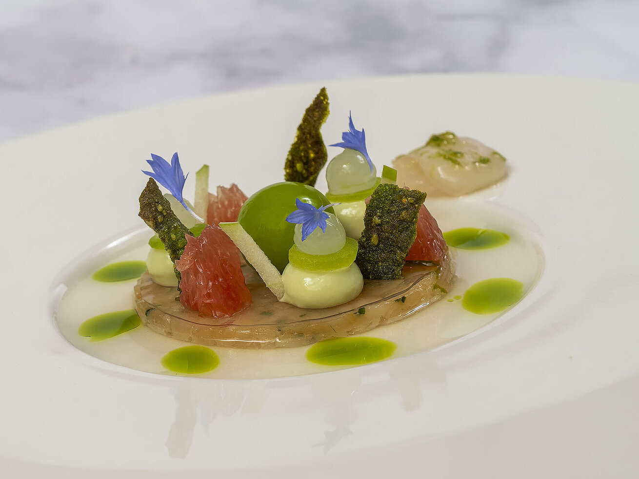 Gericht mit Jakobsmuscheln Gericht mit Jakobsmuscheln und kunstvoller Präsentation in der Orangerie im Maritim Hotel Timmendorfer Strand.