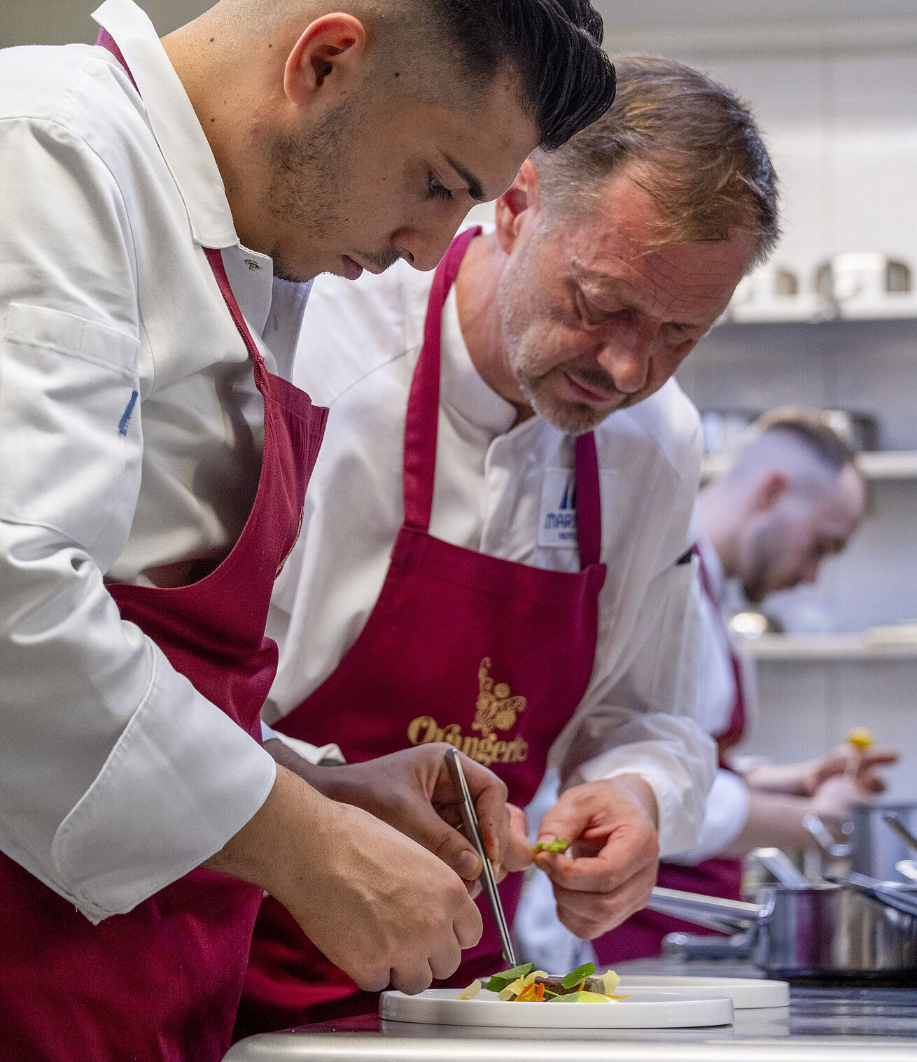 Teamarbeit in der Küche Zwei Köche in roten Schürzen bereiten ein Gourmetgericht in der Küche der Orangerie zu.